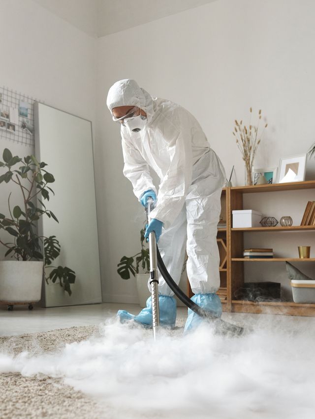 Technician in protective clothing treating a living room